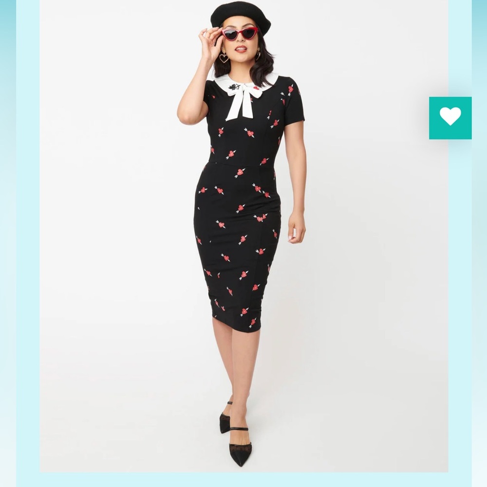 Unique Vintage Renata Black and Pierced Heart Pencil Dress NWT